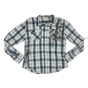 Men's Blue Plaid Button Down Shirt with Embroidered Design